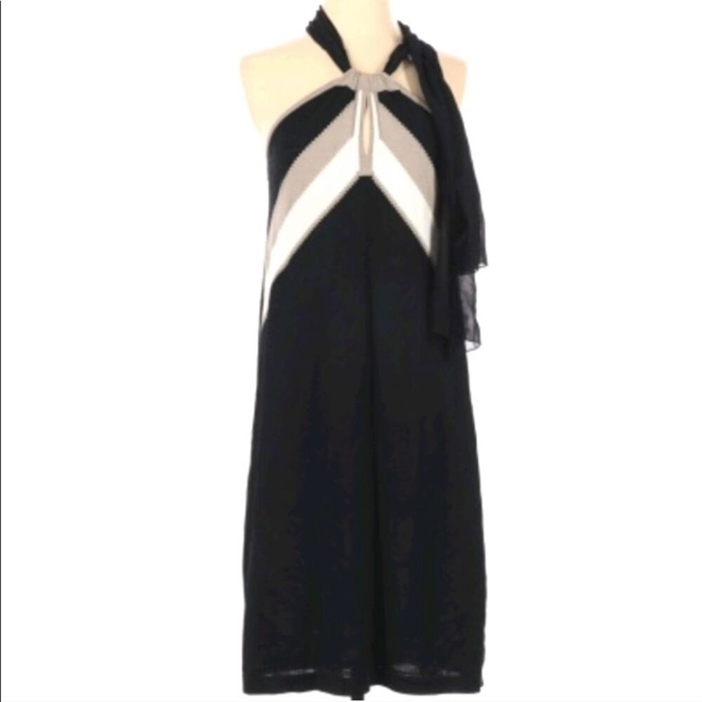 Etcetera Halter Mini Dress chiffon tie closure Sz M BlackTan White NEW w/out tag